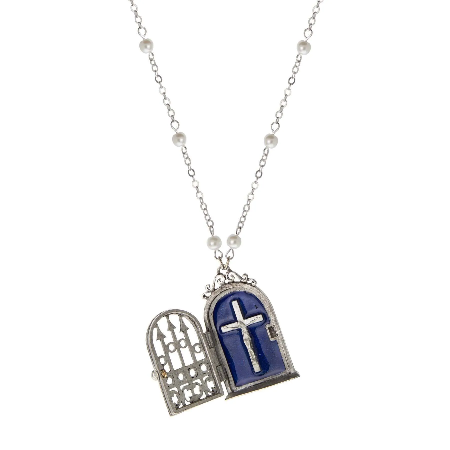 Symbols Of Faith Gate & Crucifix Blue Enamel Reliquary Necklace 24" 1928 Jewelry