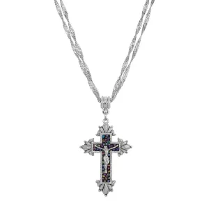 Symbols Of Faith Glass Purple Seeded Bead Cross Pendant Necklace 16"   3" Extender 1928 Jewelry