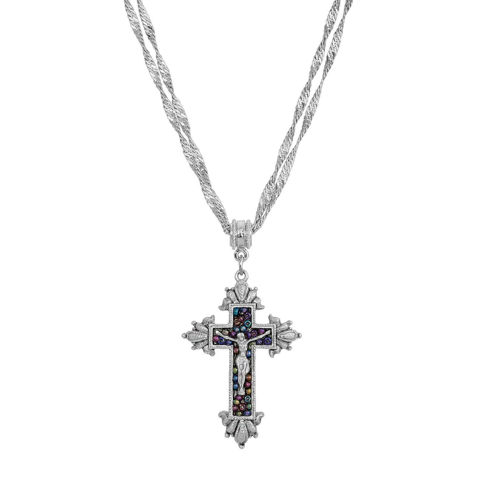 Symbols Of Faith Glass Purple Seeded Bead Cross Pendant Necklace 16"   3" Extender 1928 Jewelry