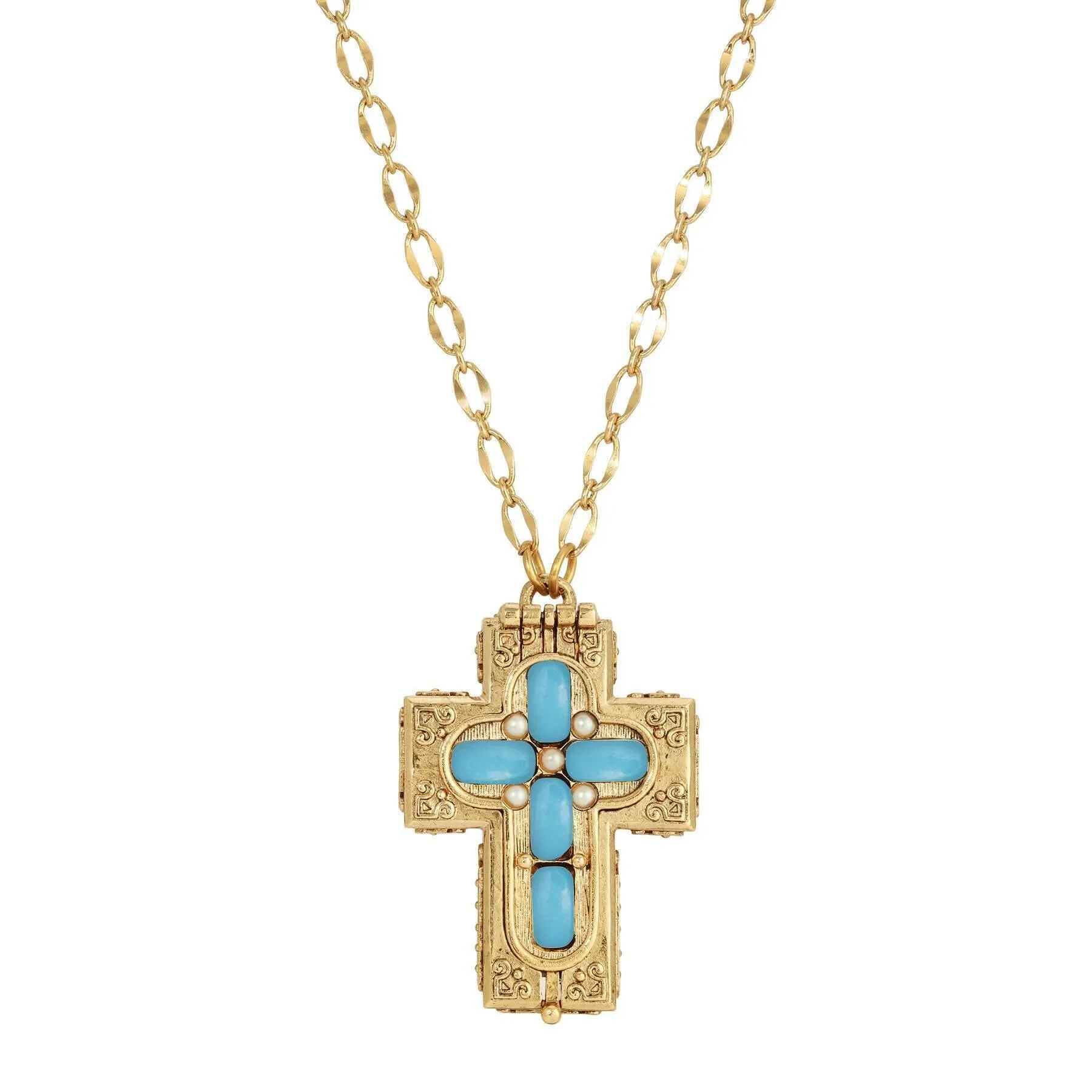 Symbols Of Faith Glass Stone Faux Pearl Cross Reliquary Pendant Necklace 32" 1928 Jewelry
