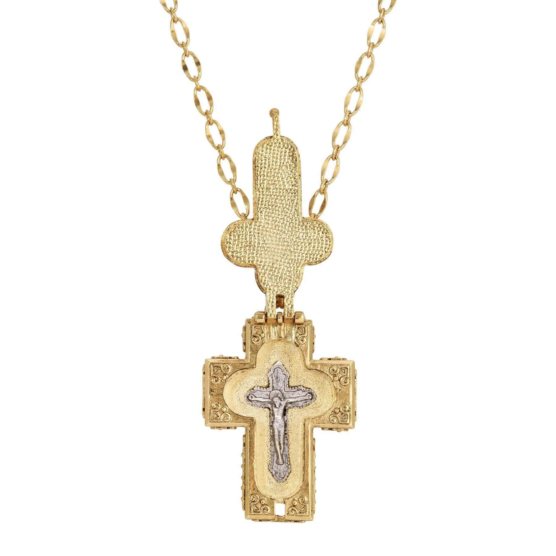 Symbols Of Faith Glass Stone Faux Pearl Cross Reliquary Pendant Necklace 32" 1928 Jewelry