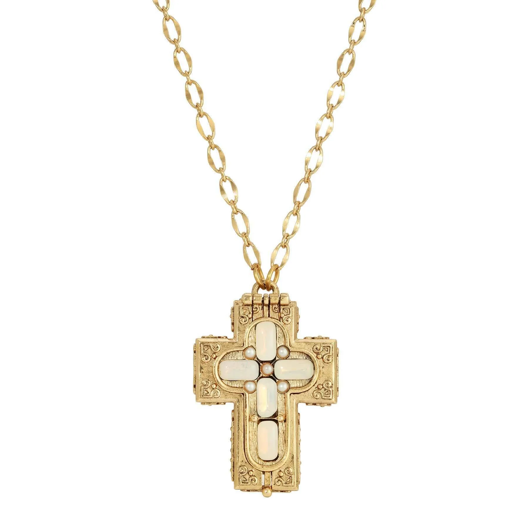 Symbols Of Faith Glass Stone Faux Pearl Cross Reliquary Pendant Necklace 32" 1928 Jewelry