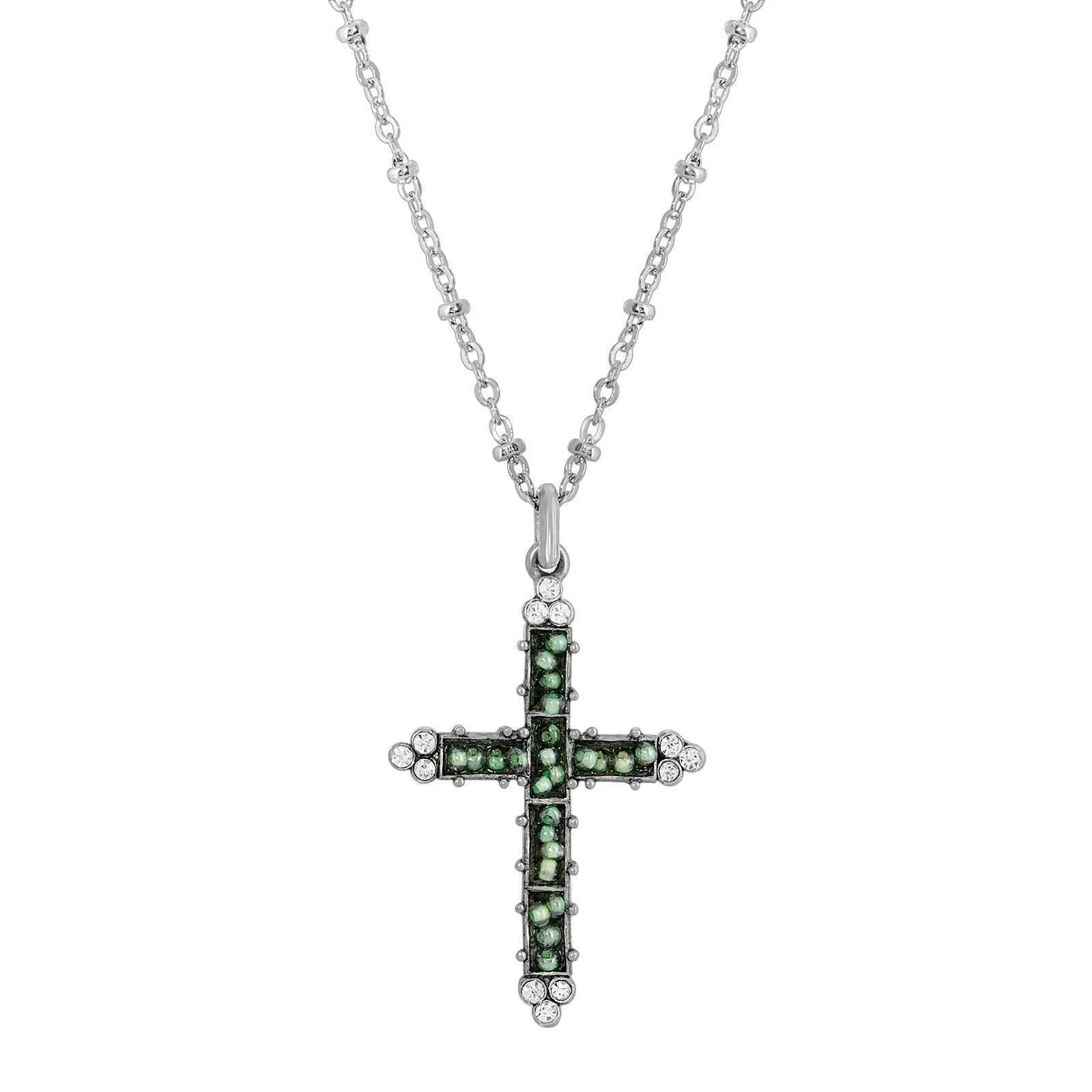 Symbols Of Faith Glass Turquoise Seeded Bead Cross Pendant Necklace 16"   3" Extender 1928 Jewelry