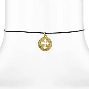 Symbols Of Faith Gold Budded Cross Pendant Black Satin Cord Necklace 14"   3" Extender 1928 Jewelry
