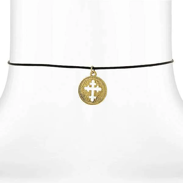 Symbols Of Faith Gold Budded Cross Pendant Black Satin Cord Necklace 14"   3" Extender 1928 Jewelry