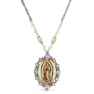 Symbols Of Faith Green Bead Floral Filigree Our Lady Of Guadalupe Pendant Necklace 28" 1928 Jewelry
