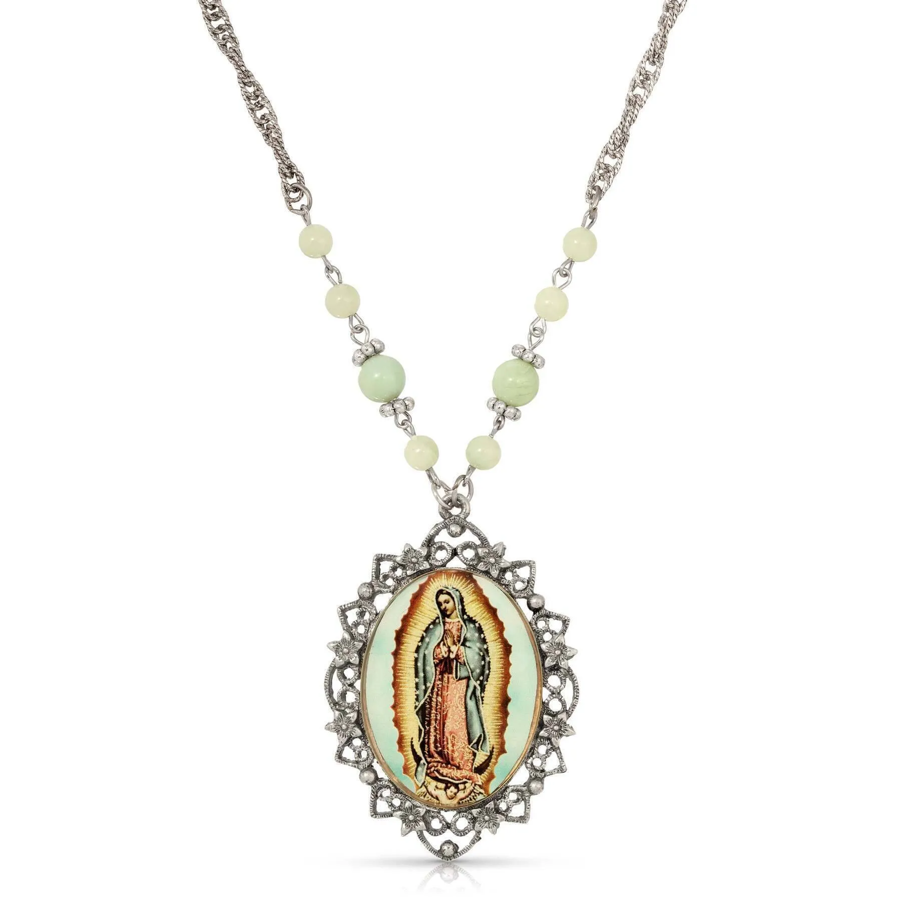 Symbols Of Faith Green Bead Floral Filigree Our Lady Of Guadalupe Pendant Necklace 28" 1928 Jewelry