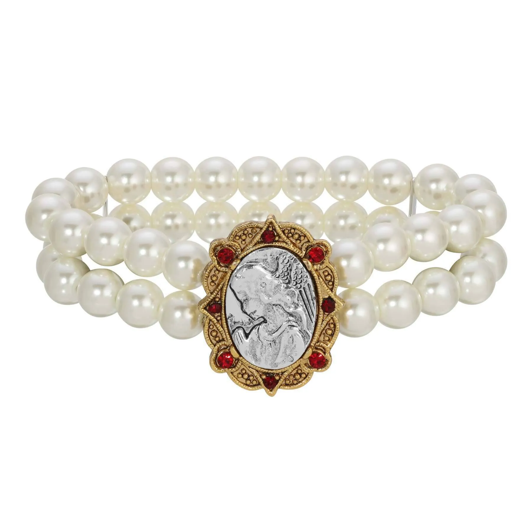 Symbols Of Faith Guardian Angel Red Crystal Two Row Faux Pearl Stretch Bracelet 1928 Jewelry