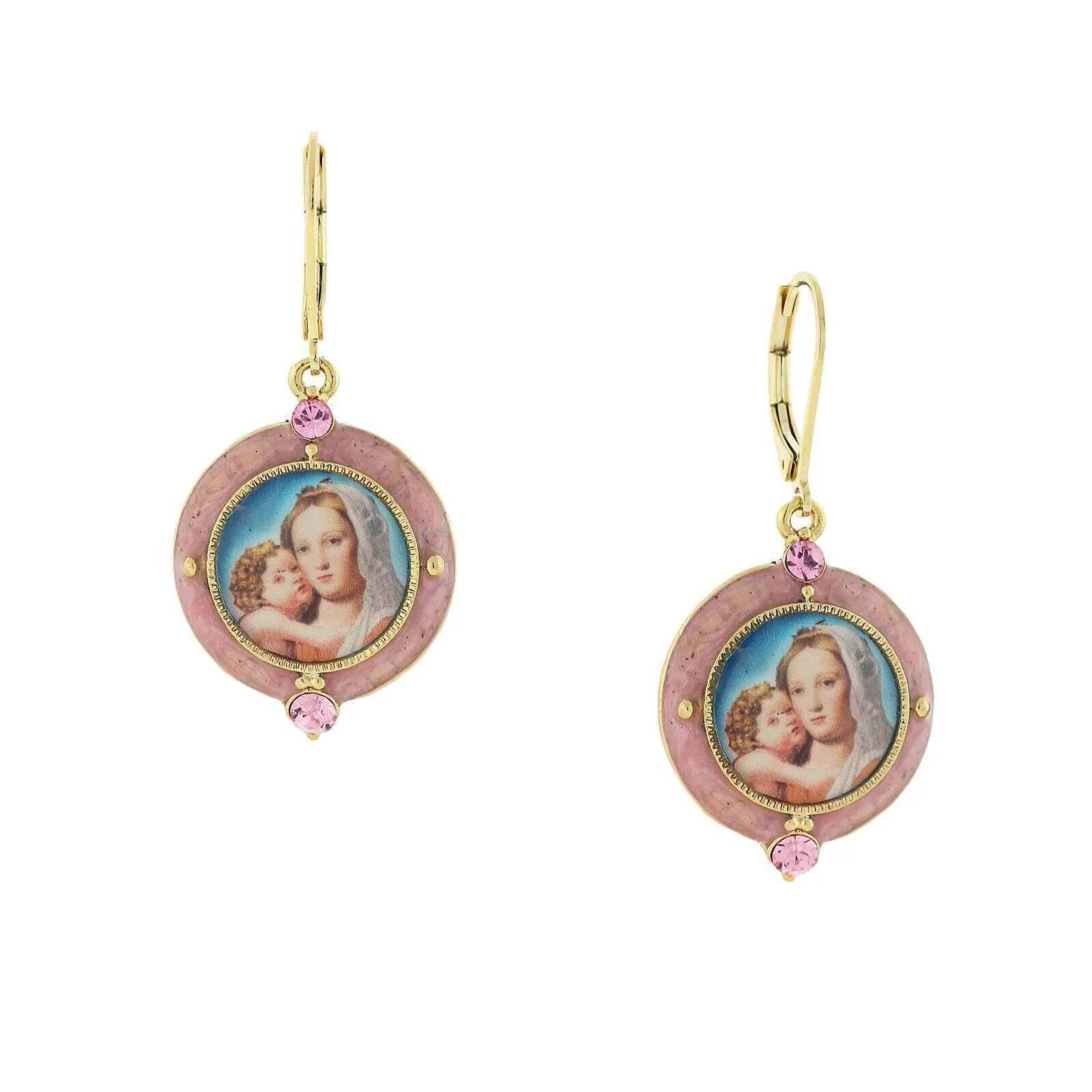 Symbols Of Faith Hand Enamel Crystal Mary And Child Decal Drop Earrings 1928 Jewelry