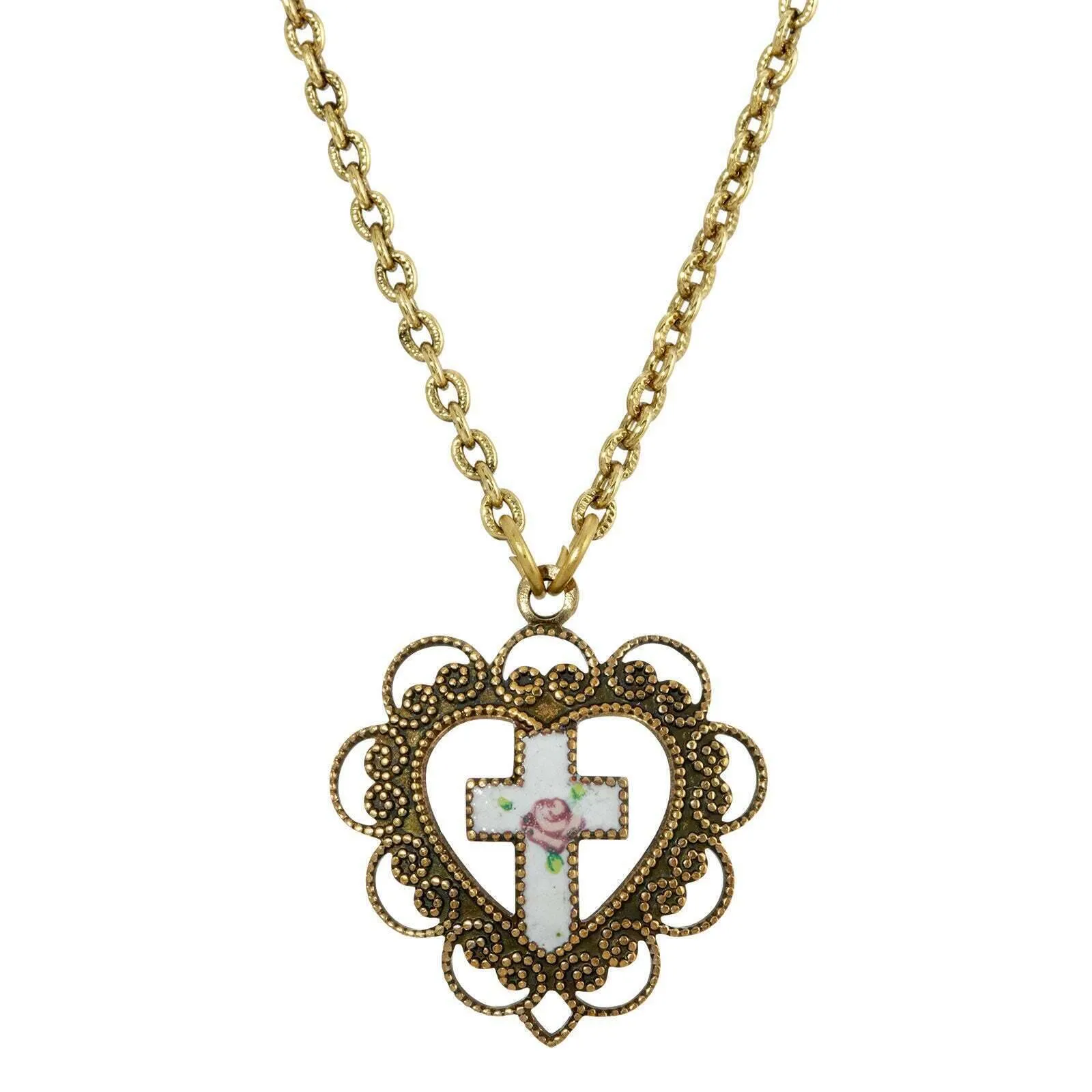 Symbols Of Faith Heart With White Floral Cross Pendant Necklace 16"   3" Extender 1928 Jewelry