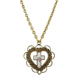 Symbols Of Faith Heart With White Floral Cross Pendant Necklace 16"   3" Extender 1928 Jewelry