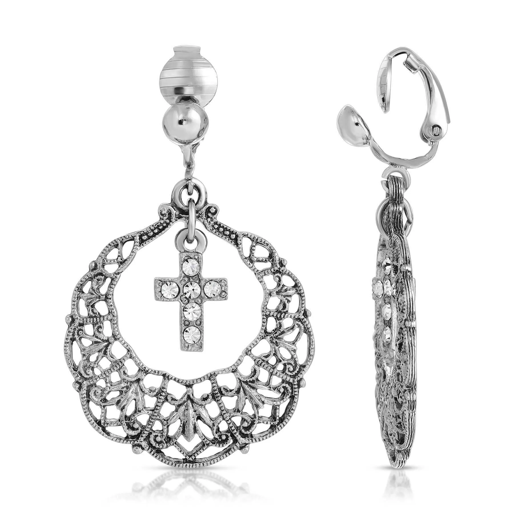 Symbols Of Faith Hoop Crystal Cross Drop Clip On Earrings 1928 Jewelry