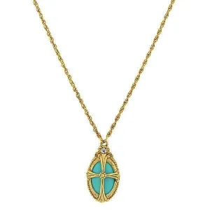 Symbols Of Faith Imitation Turquoise Oval Pendant Necklace 20" 1928 Jewelry