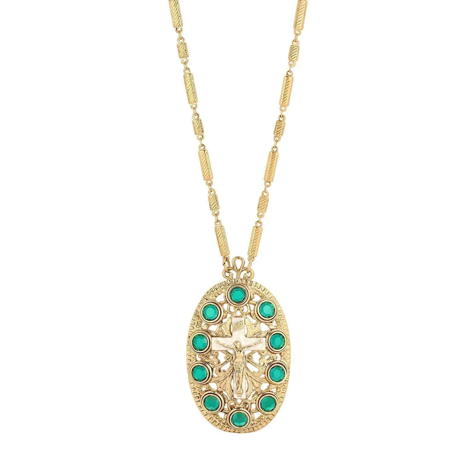 Symbols Of Faith INRI Crucifix Channel Crystal Oval Pendant Necklace 26" 1928 Jewelry