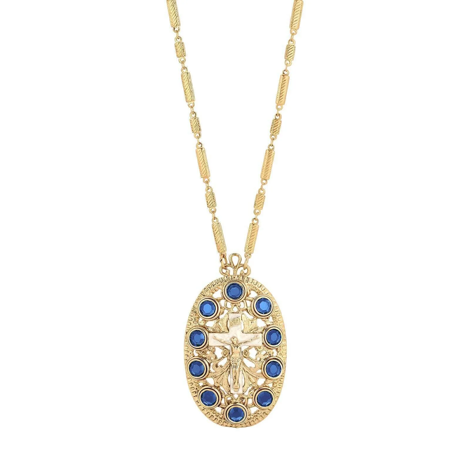 Symbols Of Faith INRI Crucifix Channel Crystal Oval Pendant Necklace 26" 1928 Jewelry