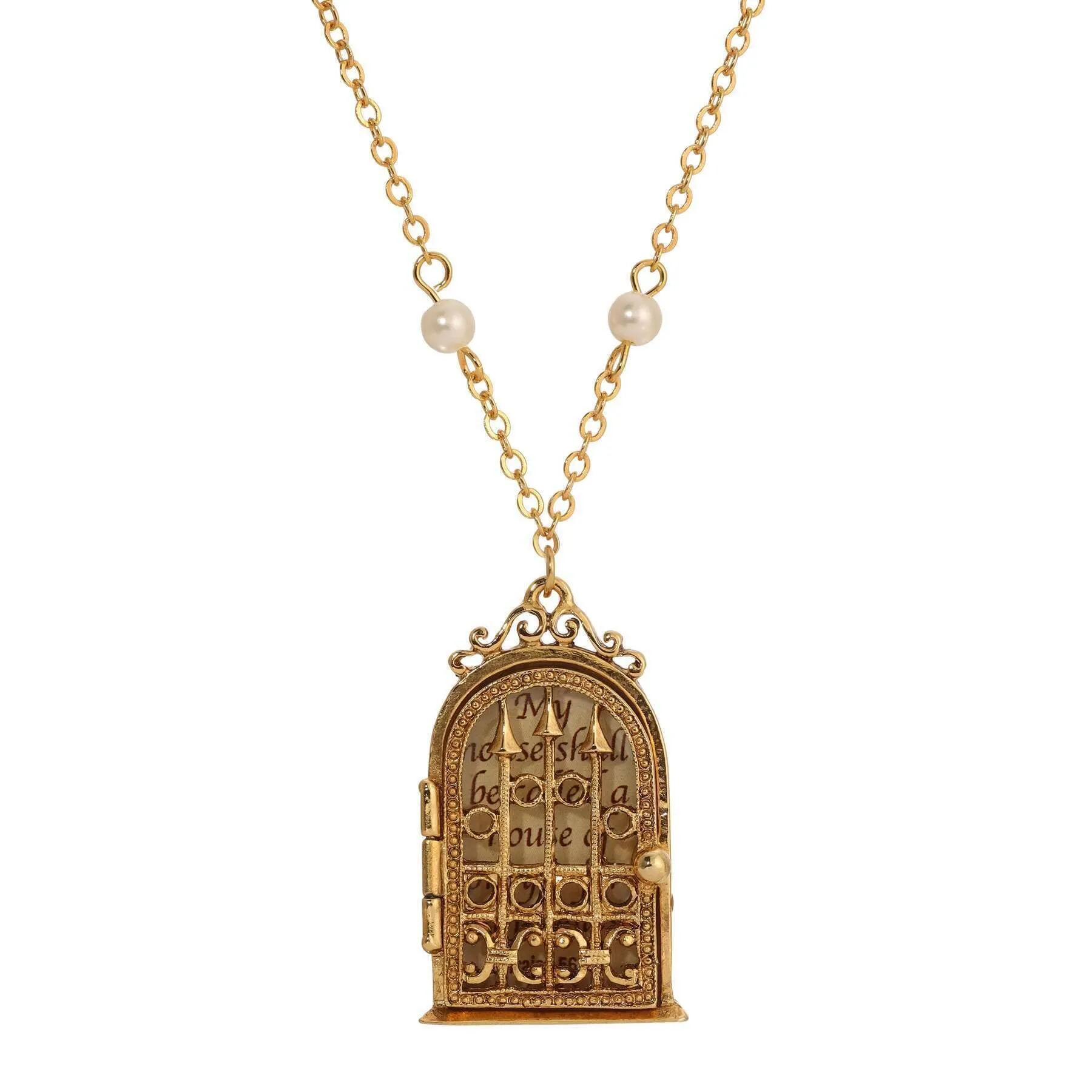 Symbols Of Faith Isaiah 56:7 Door Locket Faux Pearl Necklace 24" 1928 Jewelry