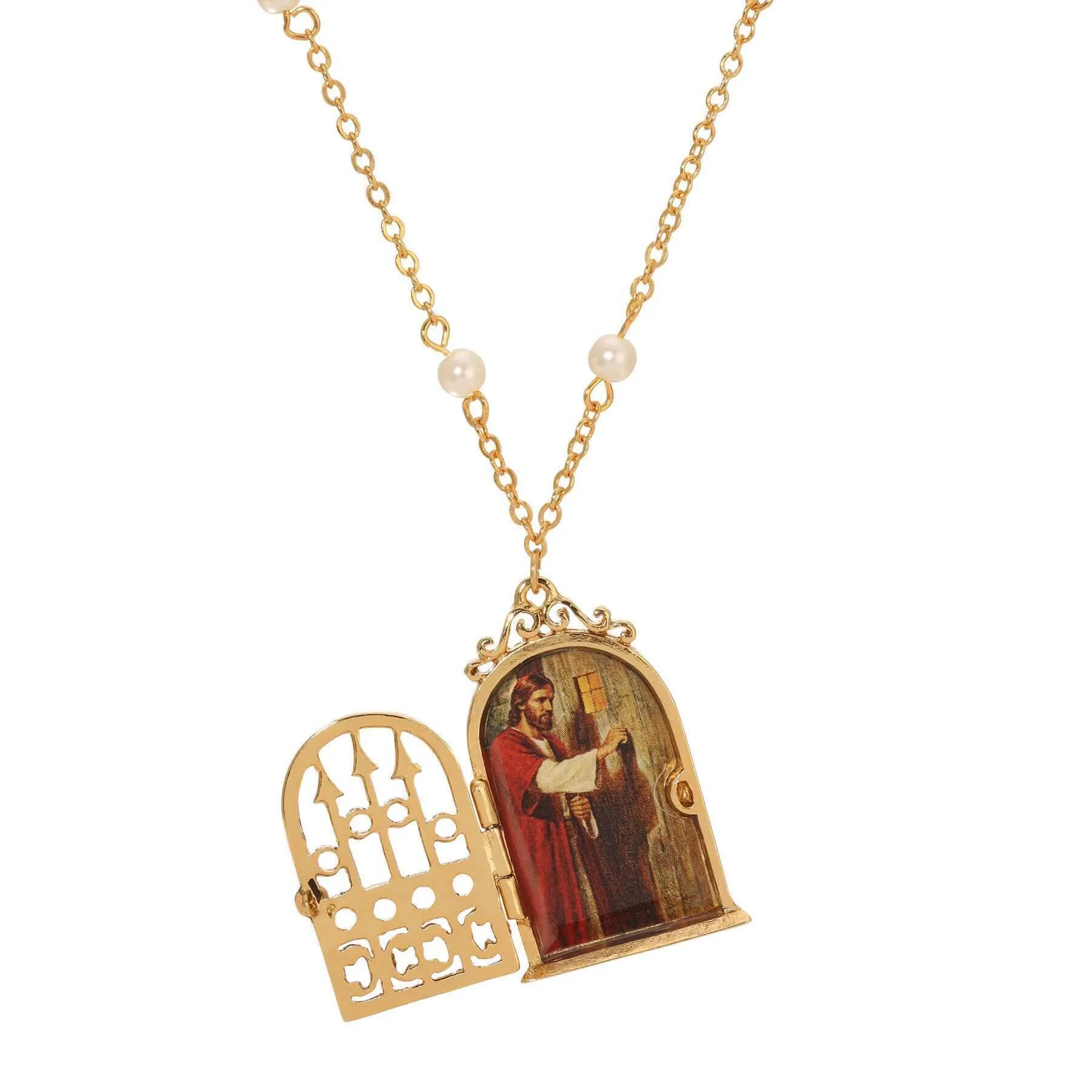 Symbols Of Faith Jesus At The Door Locket Faux Pearl Necklace 24" 1928 Jewelry