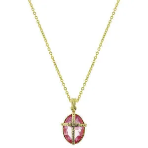 Symbols Of Faith Light Pink Oval Stone Cross Pendant Necklace 16"   3" Extender 1928 Jewelry