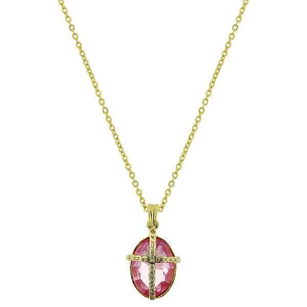 Symbols Of Faith Light Pink Oval Stone Cross Pendant Necklace 16"   3" Extender 1928 Jewelry