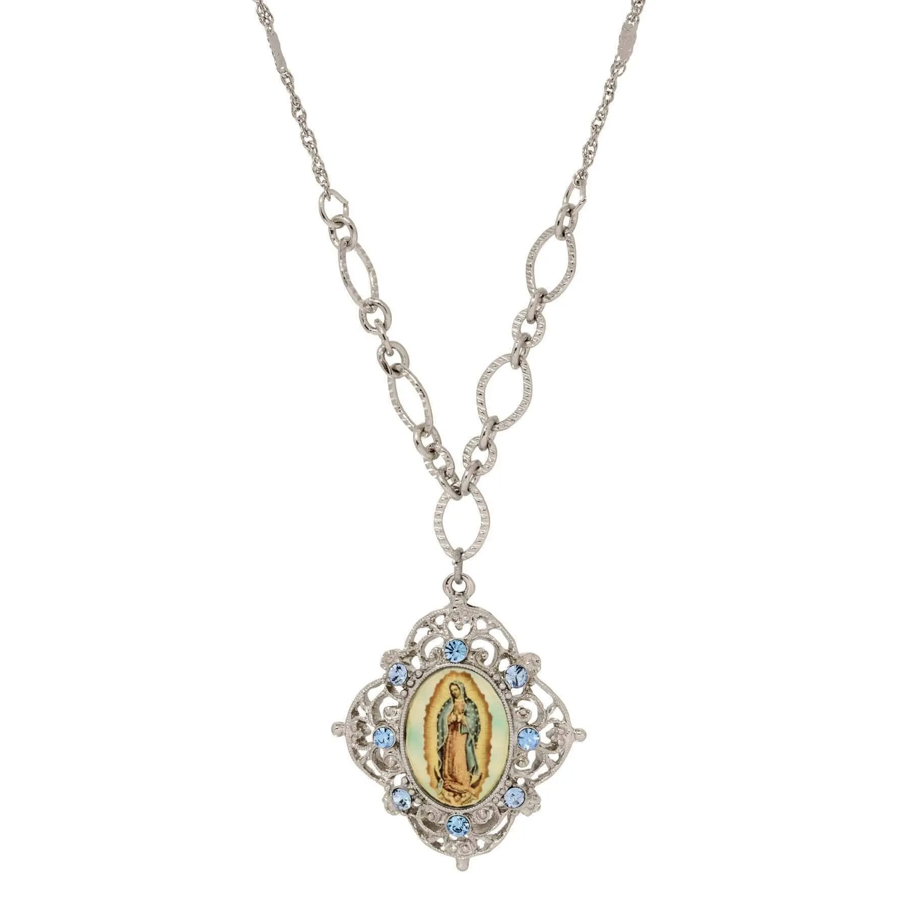 Symbols Of Faith Light Sapphire Blue Crystal Our Lady Of Guadalupe Pendant Necklace 18"L 1928 Jewelry