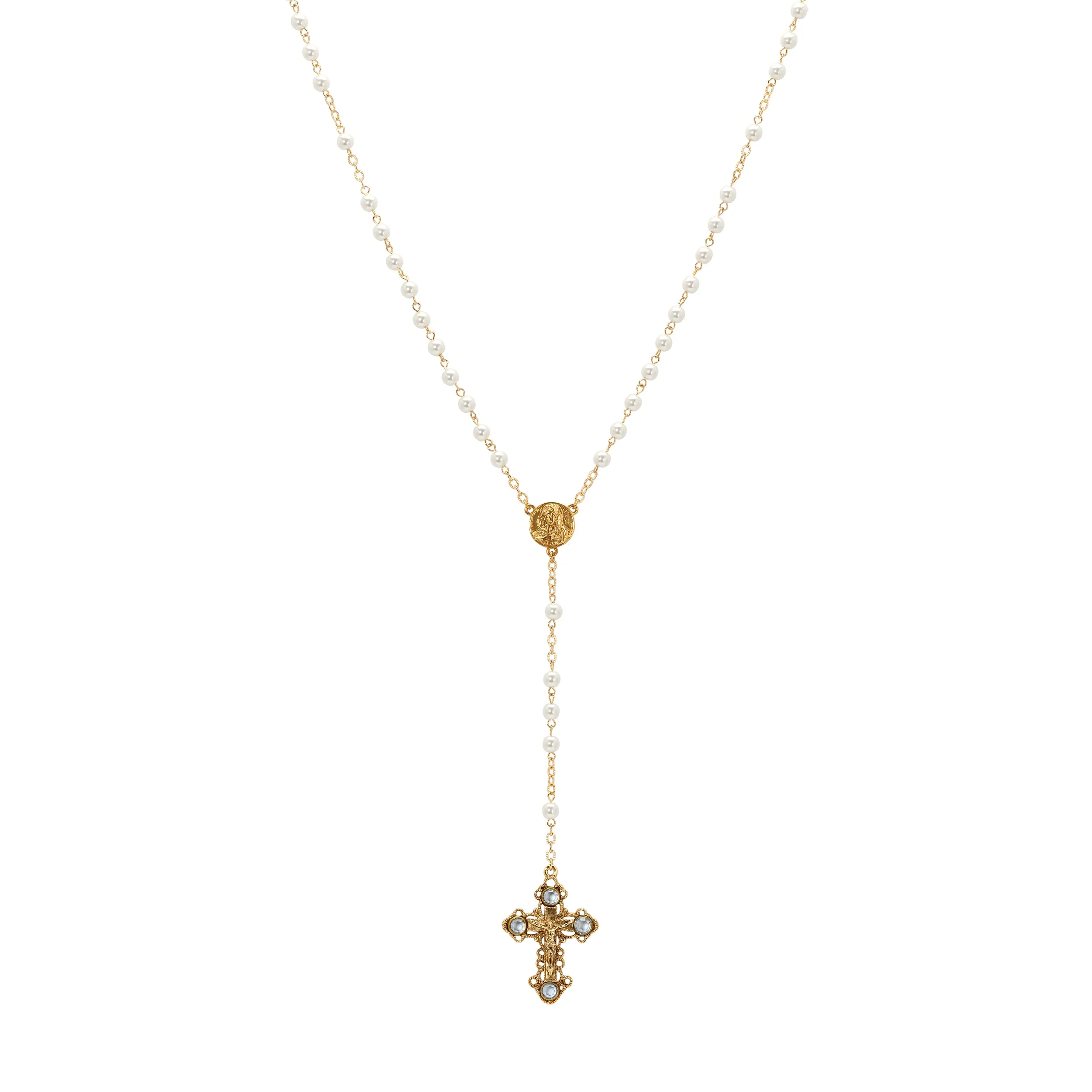 Symbols Of Faith Light Sapphire Channel Crystal Faux Pearl Chain Rosary 1928 Jewelry
