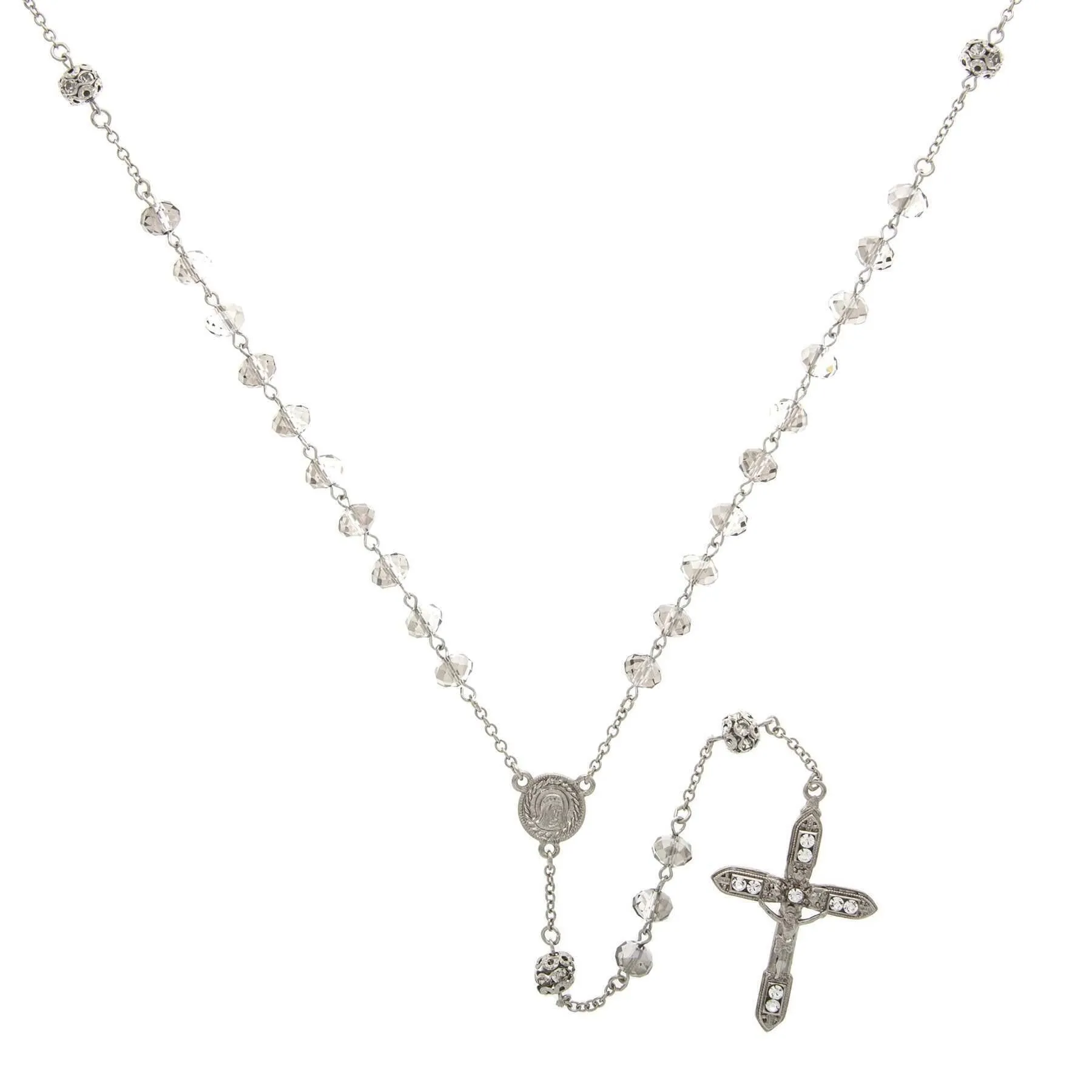 Symbols Of Faith Mary & Crucifix Black Diamond Round Crystal Beaded Rosary 1928 Jewelry