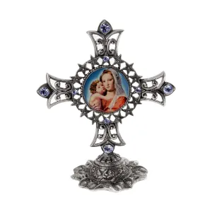 Symbols Of Faith Mary And Child Light Sapphire Blue Crystal Cross Tabletop Stand 1928 Jewelry