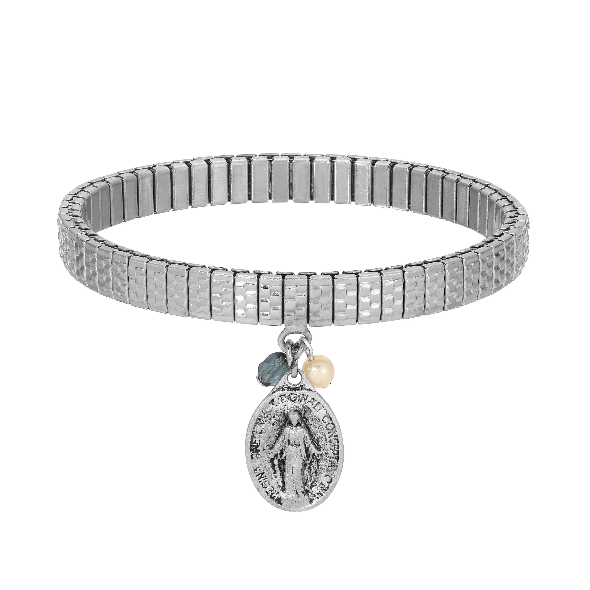Symbols Of Faith Miraculous Medal Charm Faux Pearl Pearl & Crystal Stretch Bracelet 1928 Jewelry