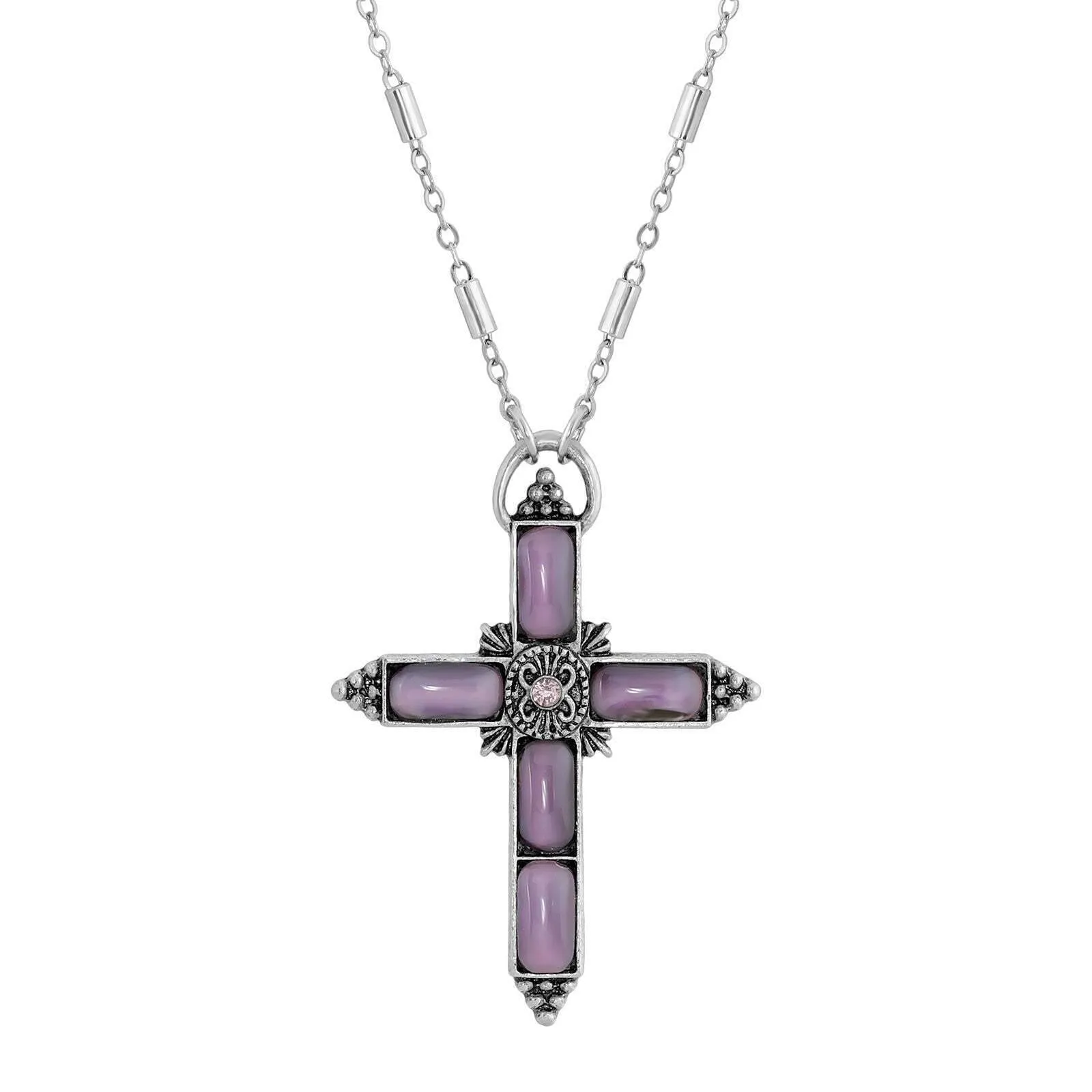 Symbols Of Faith Moonstone & Crystal Cross Pendant Necklace 20" 1928 Jewelry