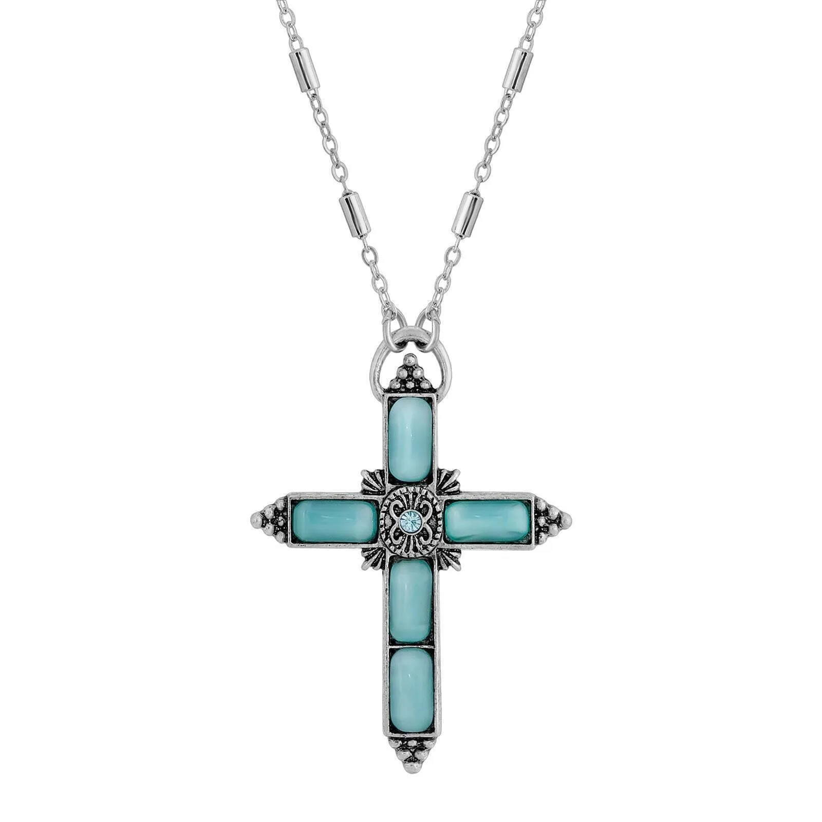Symbols Of Faith Moonstone & Crystal Cross Pendant Necklace 20" 1928 Jewelry