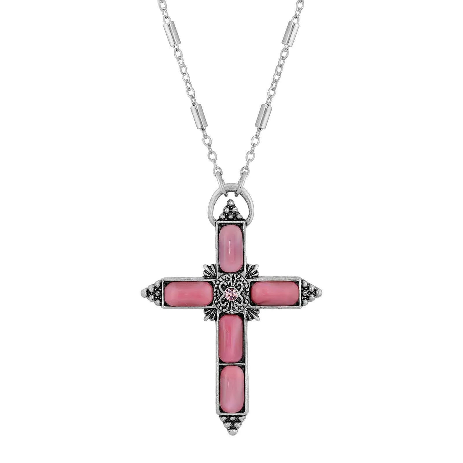 Symbols Of Faith Moonstone & Crystal Cross Pendant Necklace 20" 1928 Jewelry