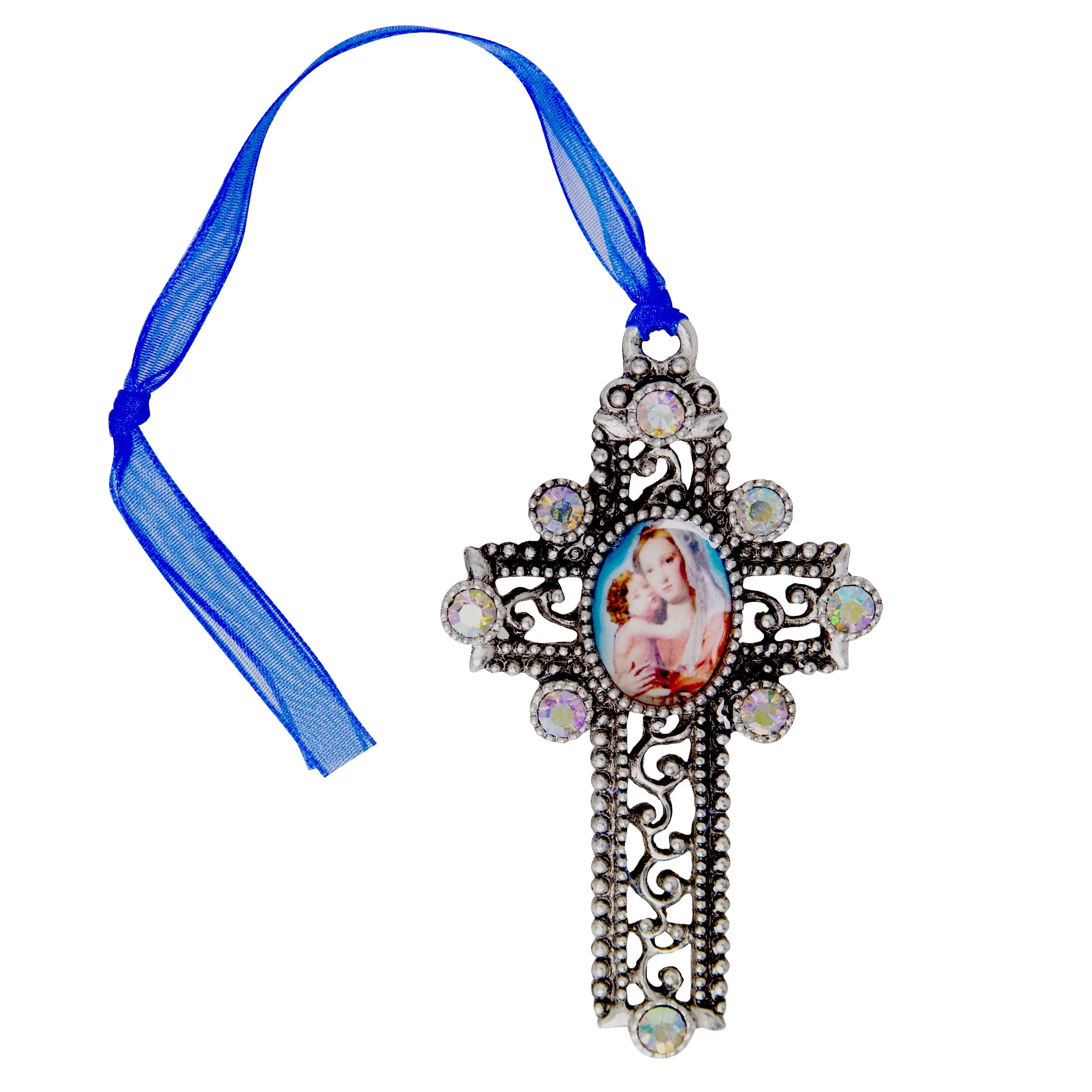 Symbols Of Faith Mother And Child AB Crystal Blue Ribbon Cross Christmas Tree Ornament 1928 Jewelry