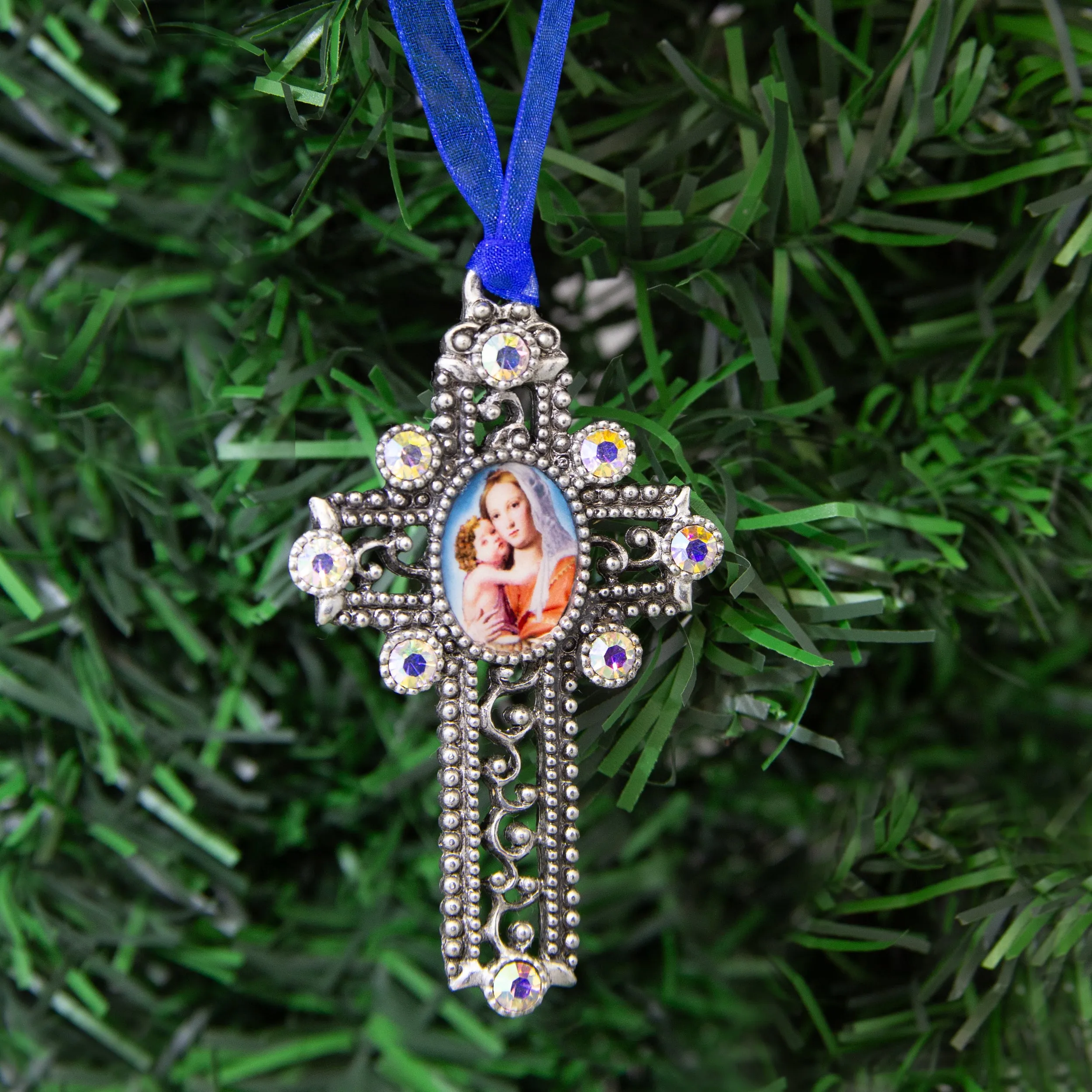 Symbols Of Faith Mother And Child AB Crystal Blue Ribbon Cross Christmas Tree Ornament 1928 Jewelry