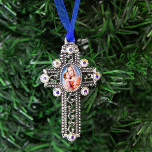 Symbols Of Faith Mother And Child AB Crystal Blue Ribbon Cross Christmas Tree Ornament 1928 Jewelry