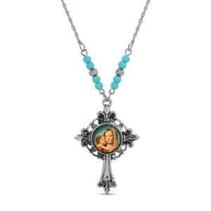 Symbols Of Faith Mother And Child Fleur De Lis Cross Pendant Necklace 18" 1928 Jewelry