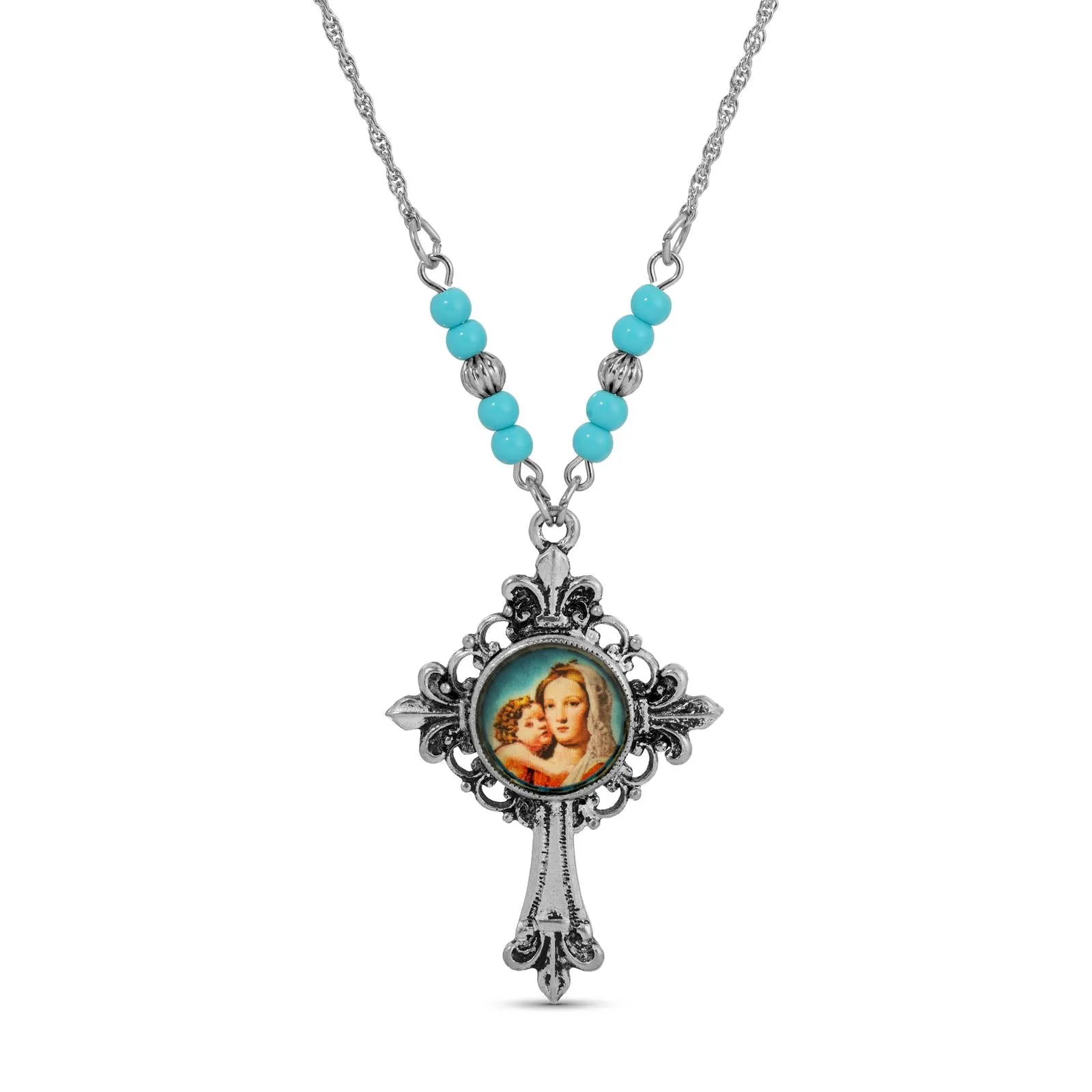 Symbols Of Faith Mother And Child Fleur De Lis Cross Pendant Necklace 18" 1928 Jewelry