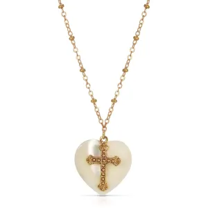Symbols Of Faith Mother Of Pearl Heart & Cross Pendant Necklace 16"   3" Extender 1928 Jewelry