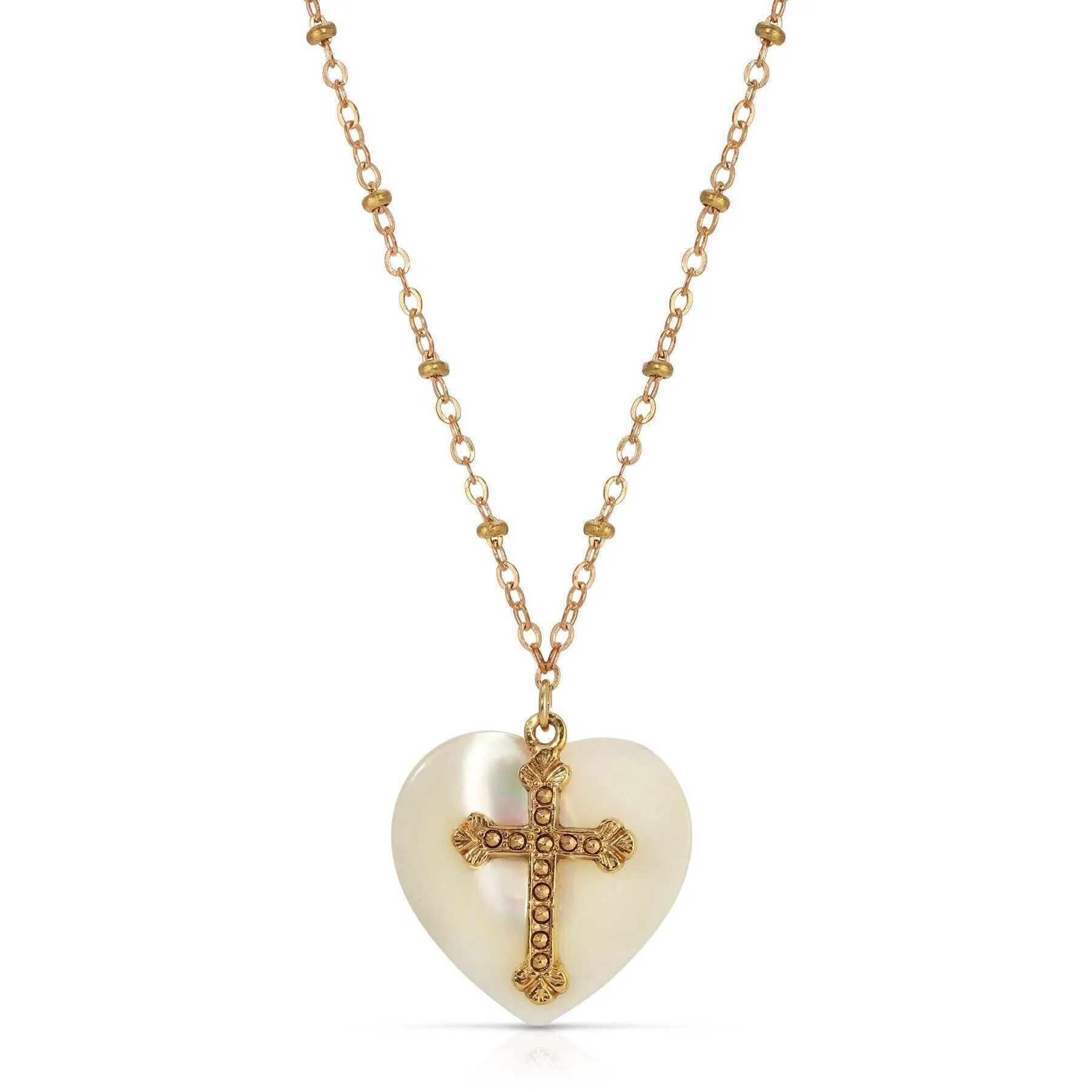 Symbols Of Faith Mother Of Pearl Heart & Cross Pendant Necklace 16"   3" Extender 1928 Jewelry