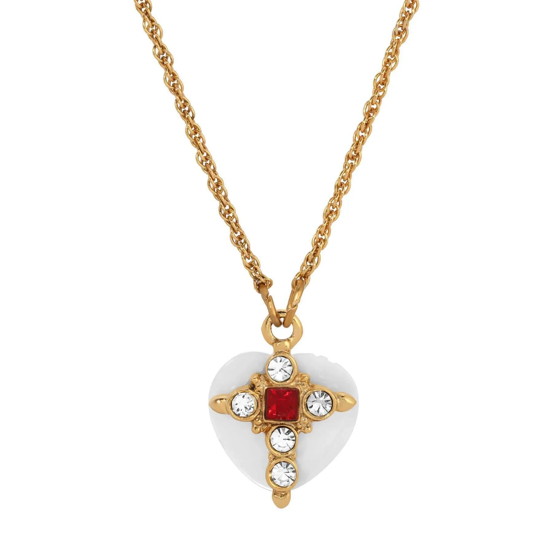 Symbols Of Faith Mother Of Pearl Heart & Crystal Cross Pendant Necklace 16"   3" Extension 1928 Jewelry