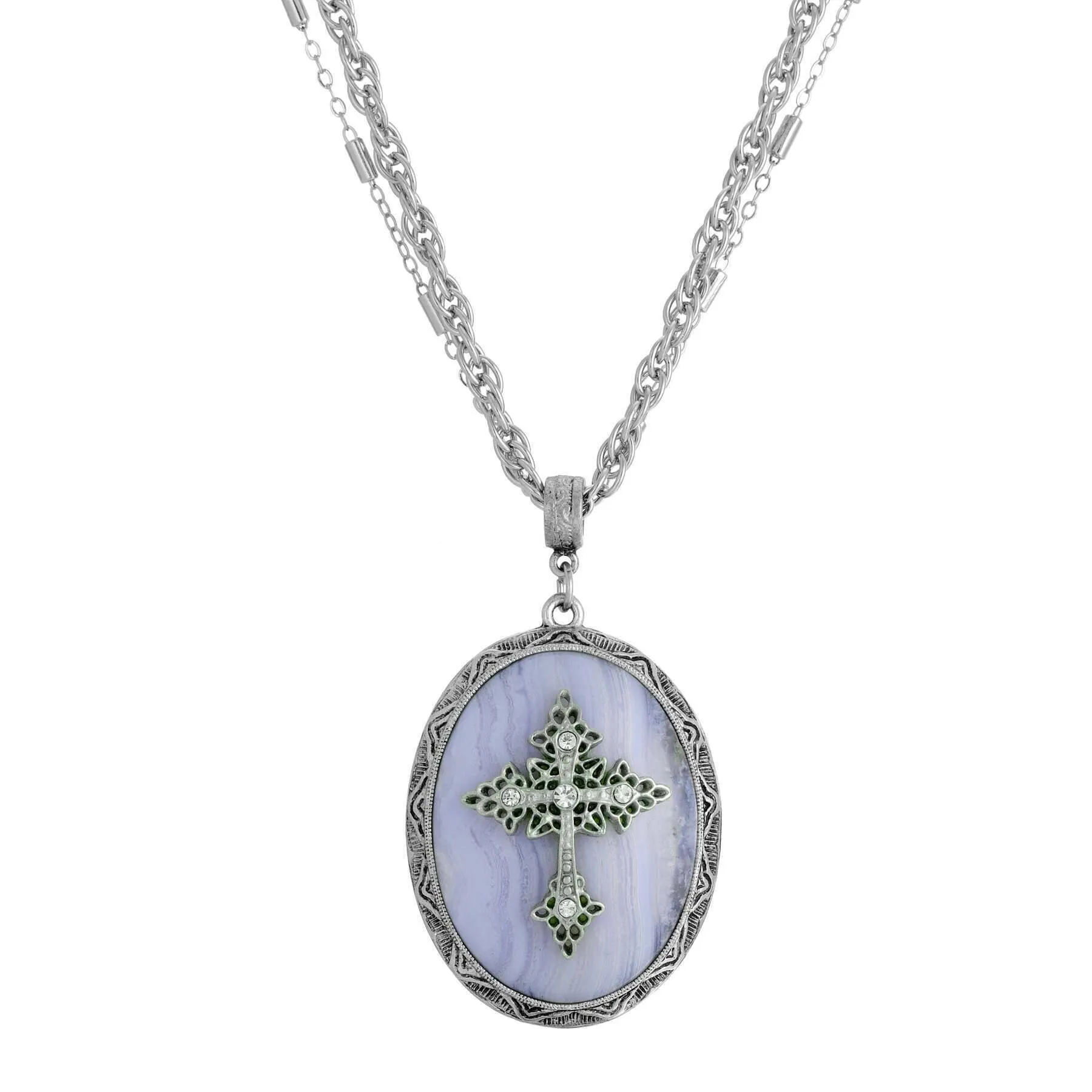 Symbols of Faith Multi Chain Oval Gemstone & Cross Pendant Necklace 18"   3" Extender 1928 Jewelry