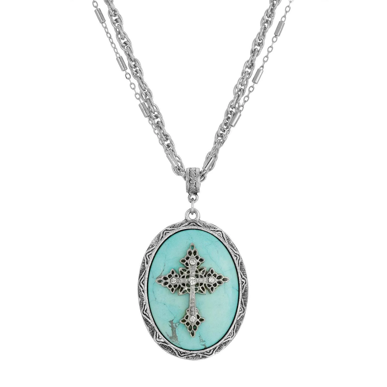 Symbols of Faith Multi Chain Oval Gemstone & Cross Pendant Necklace 18"   3" Extender 1928 Jewelry