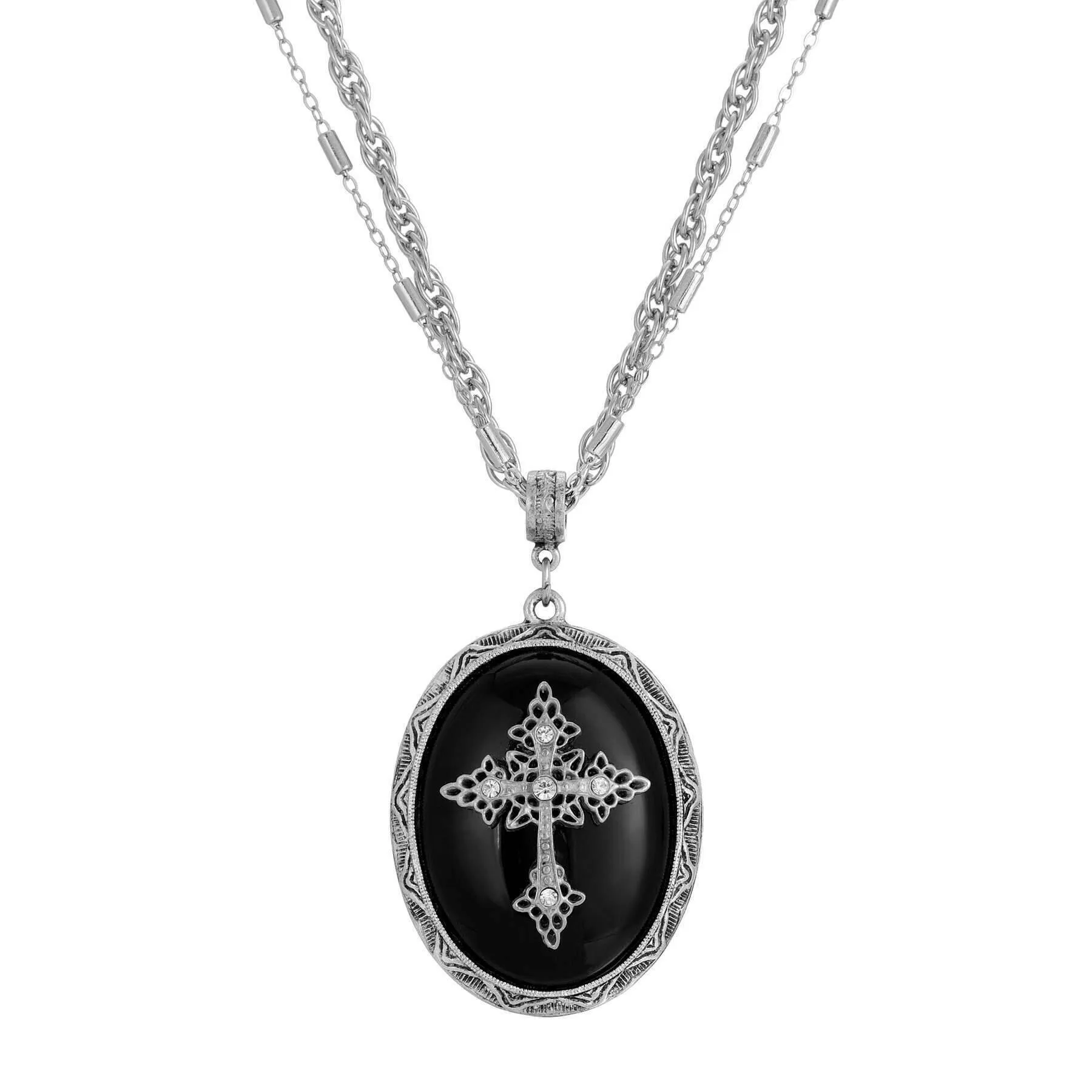 Symbols of Faith Multi Chain Oval Gemstone & Cross Pendant Necklace 18"   3" Extender 1928 Jewelry