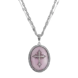 Symbols of Faith Multi Chain Oval Gemstone & Cross Pendant Necklace 18"   3" Extender 1928 Jewelry