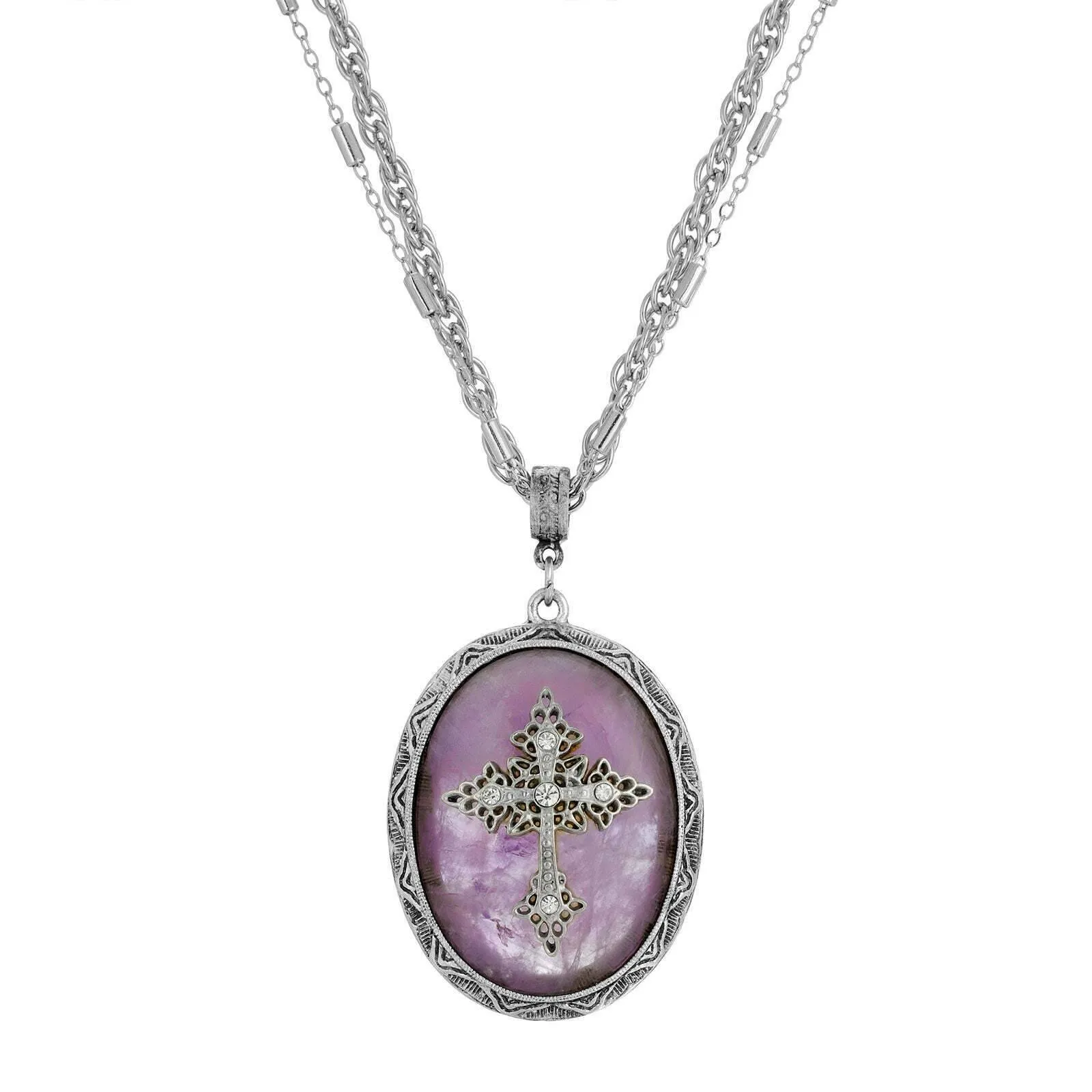 Symbols of Faith Multi Chain Oval Gemstone & Cross Pendant Necklace 18"   3" Extender 1928 Jewelry