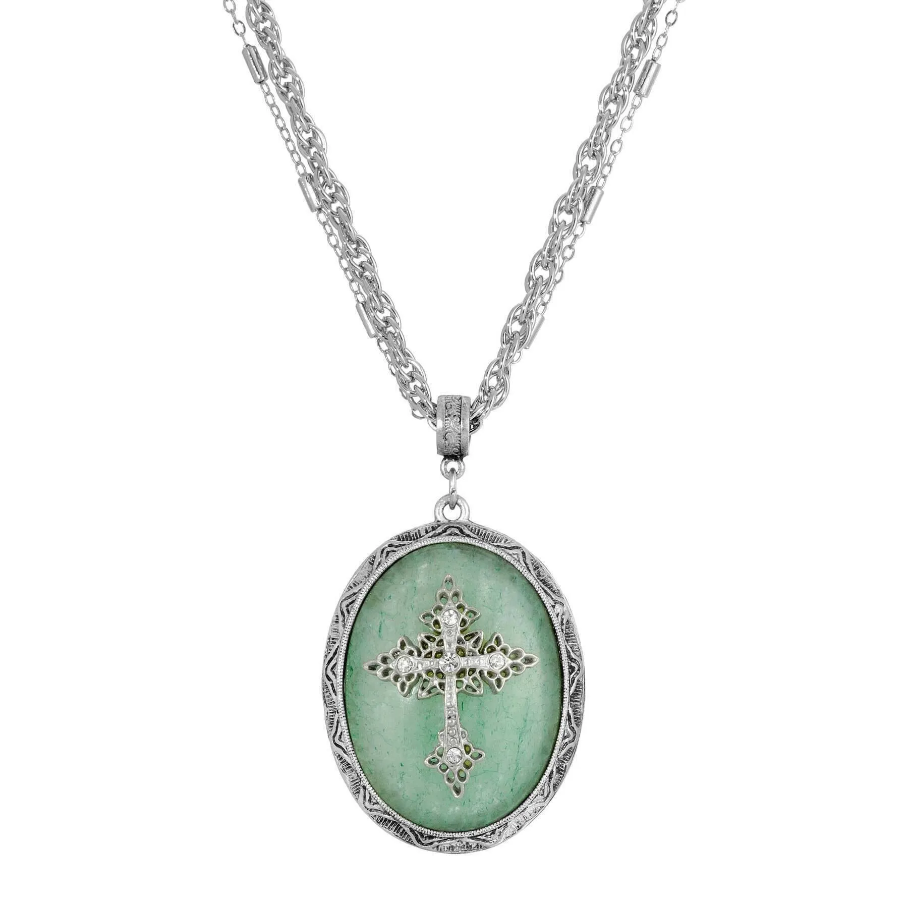 Symbols of Faith Multi Chain Oval Gemstone & Cross Pendant Necklace 18"   3" Extender 1928 Jewelry