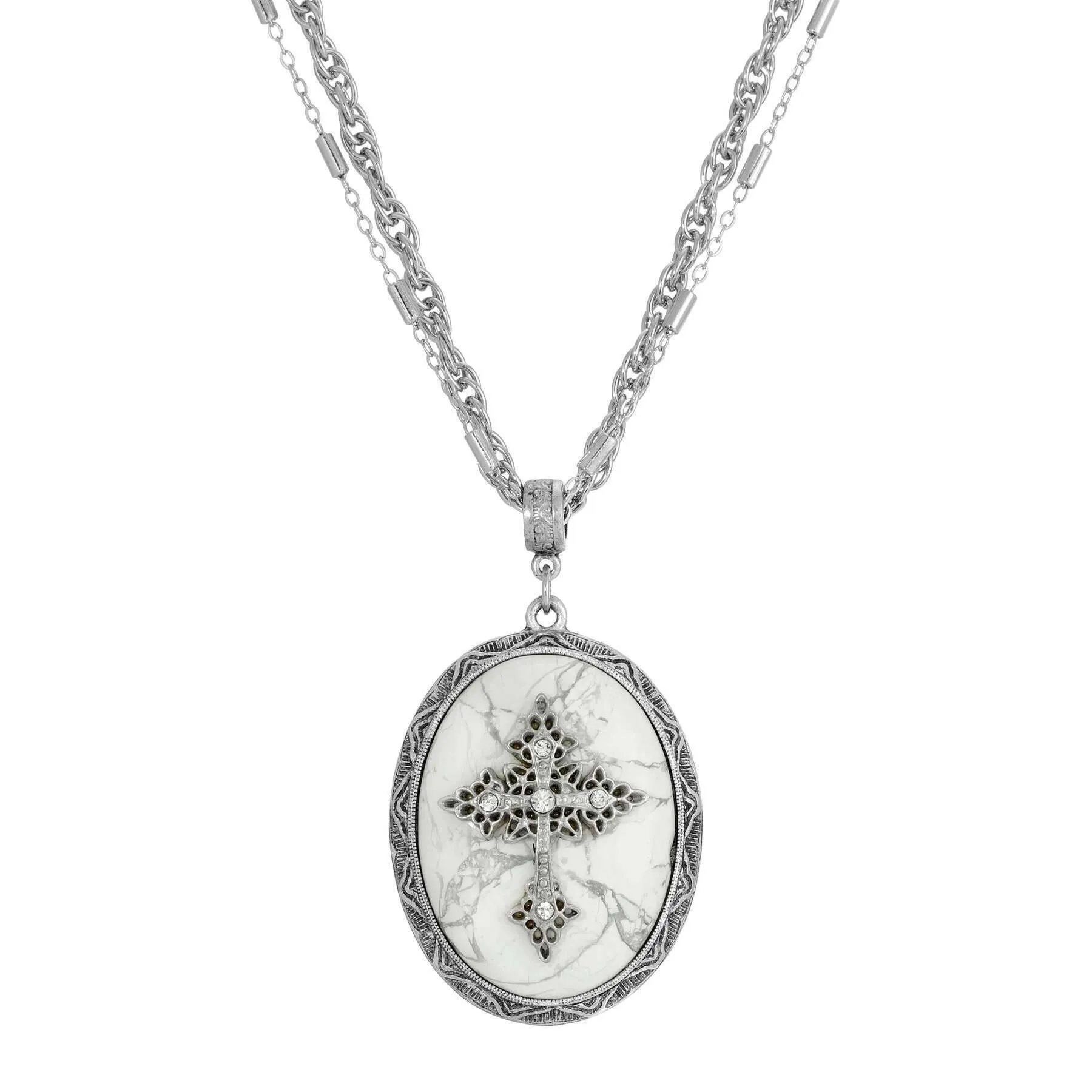 Symbols of Faith Multi Chain Oval Gemstone & Cross Pendant Necklace 18"   3" Extender 1928 Jewelry
