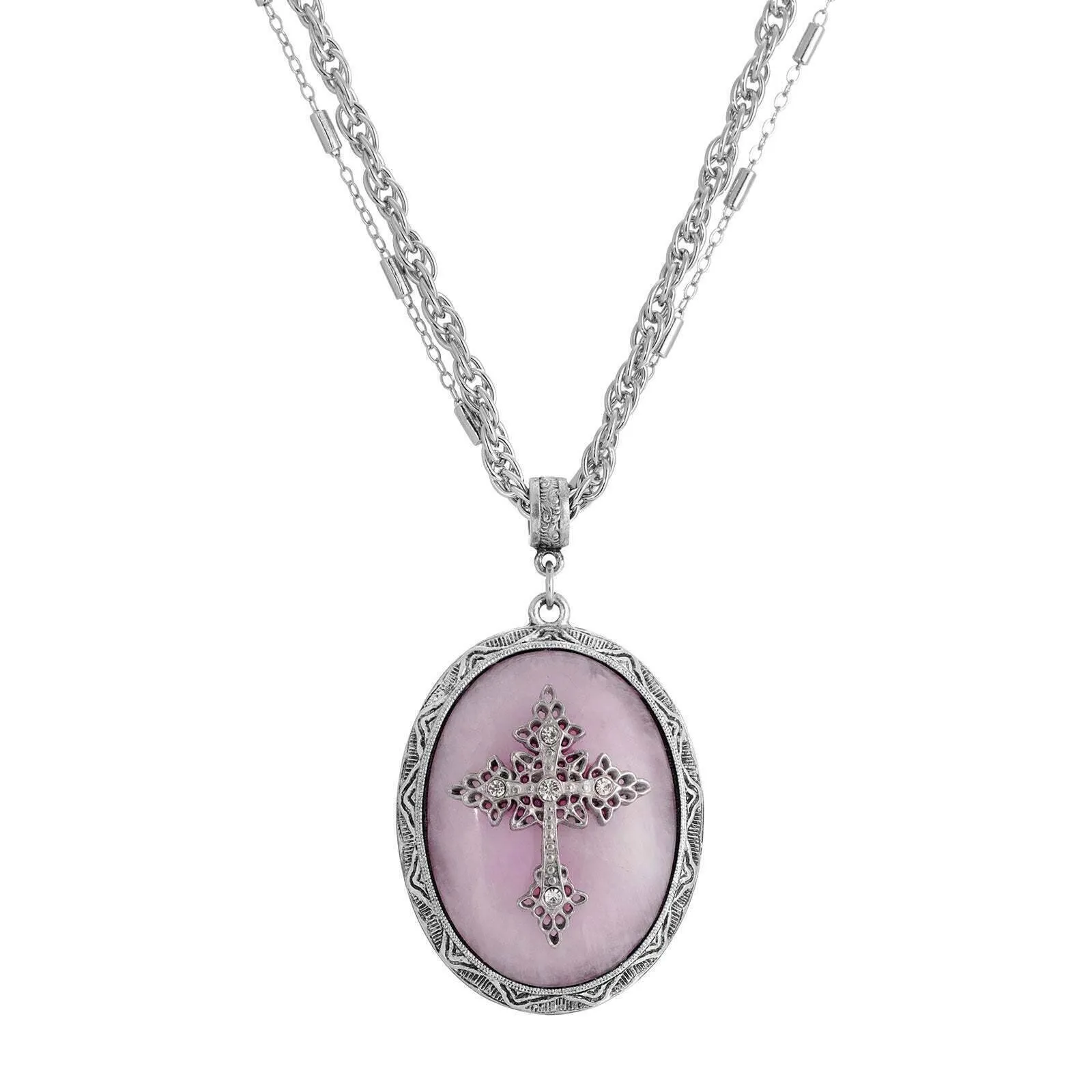 Symbols of Faith Multi Chain Oval Gemstone & Cross Pendant Necklace 18"   3" Extender 1928 Jewelry