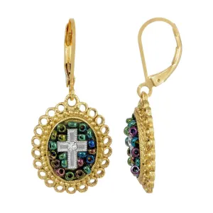 Symbols Of Faith Multi Color Seeded Beads & Crystal Cross Drop Earrings 1928 Jewelry