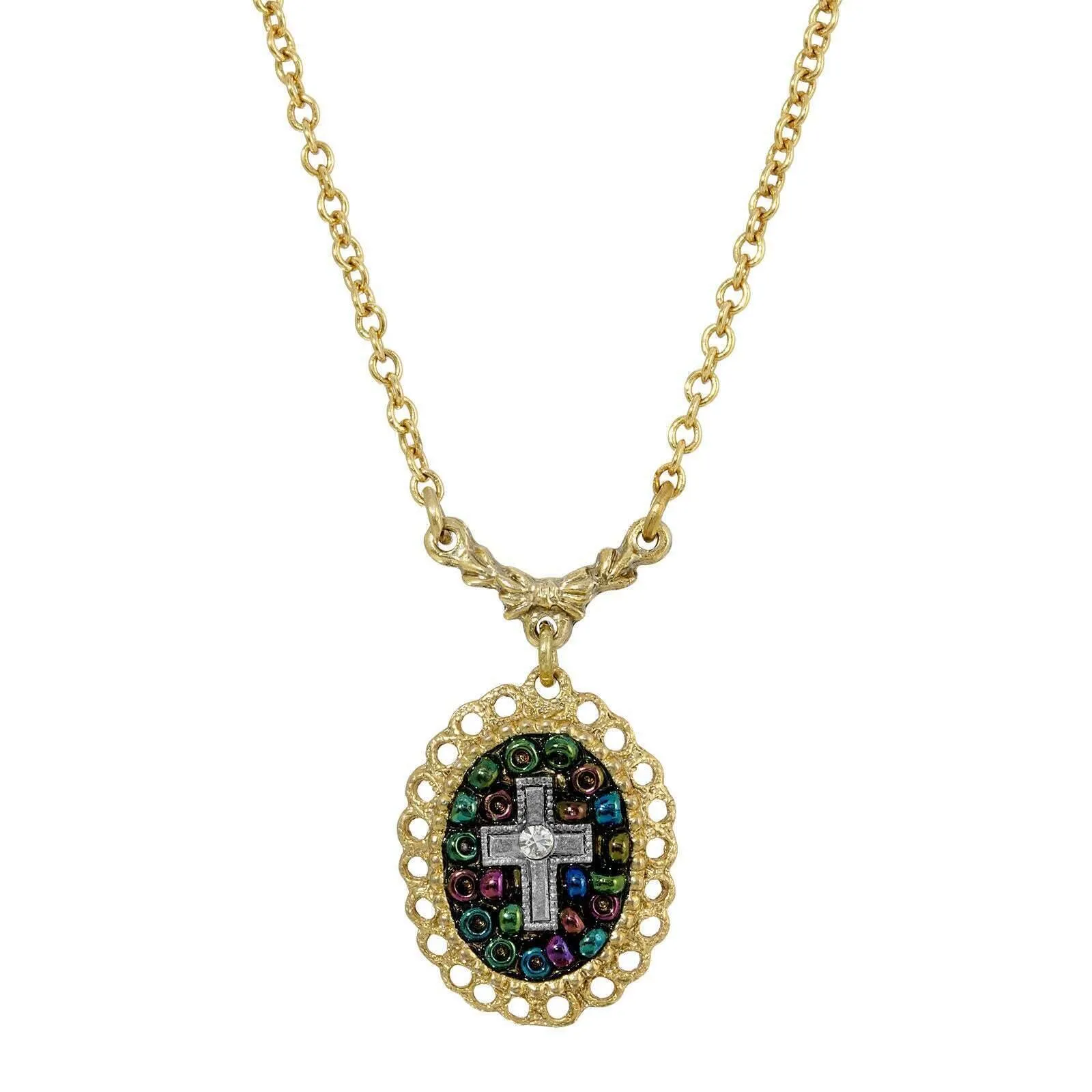 Symbols Of Faith Multi Color Seeded Beads & Crystal Cross Pendant Necklace 16"   3" Extender 1928 Jewelry