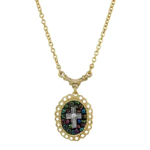 Symbols Of Faith Multi Color Seeded Beads & Crystal Cross Pendant Necklace 16"   3" Extender 1928 Jewelry